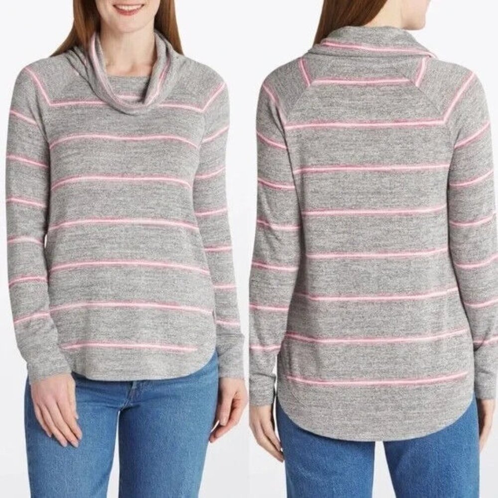 Market & Spruce Molly Top Gray Pink Stripe Cowl Neck Long Sleeve NWT